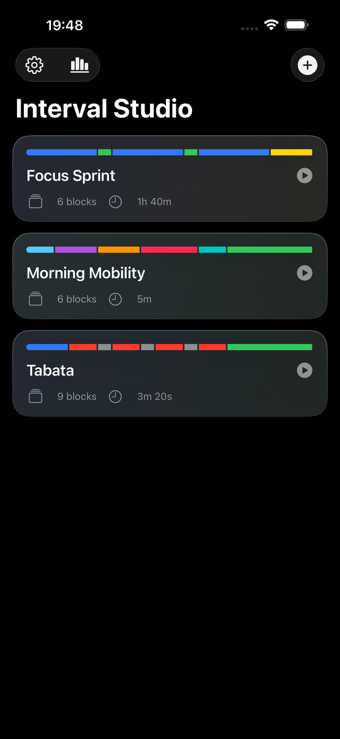 The Interval Studio home screen listing three routines, each with a coloured timeline strip showing its blocks.
